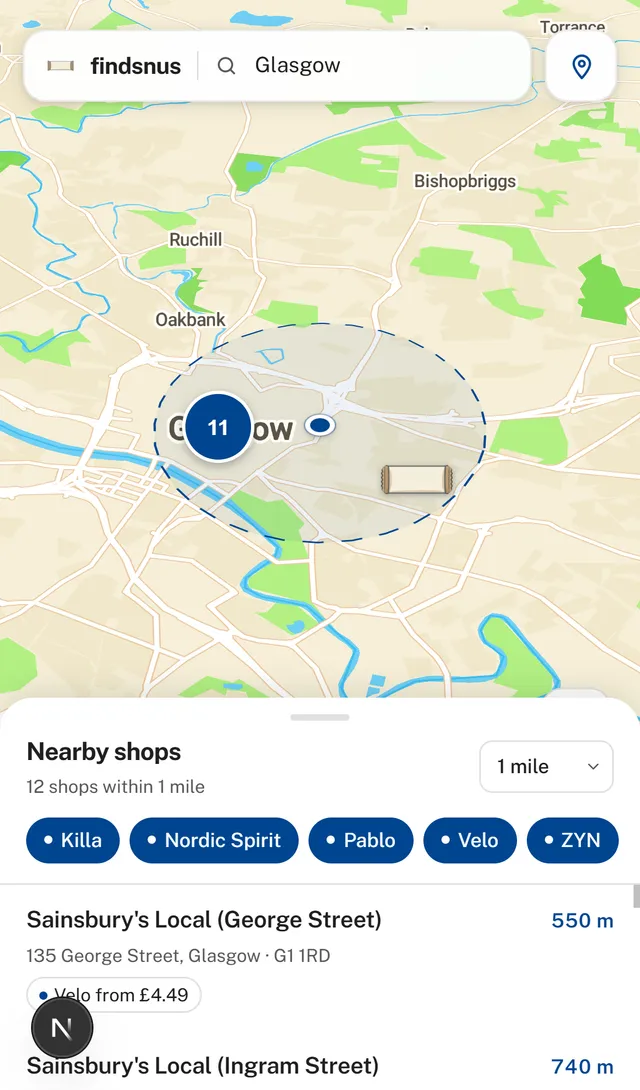 FindSnus on a phone: a map of Glasgow with a list of nearby shops and how far away each one is